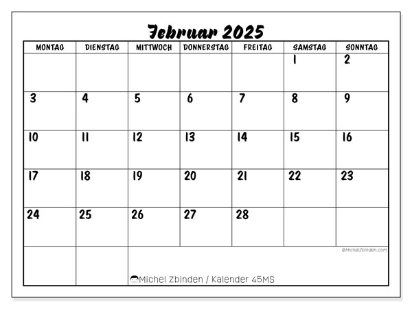 Kalender Februar 2025, 45MS. Plan zum Ausdrucken kostenlos.