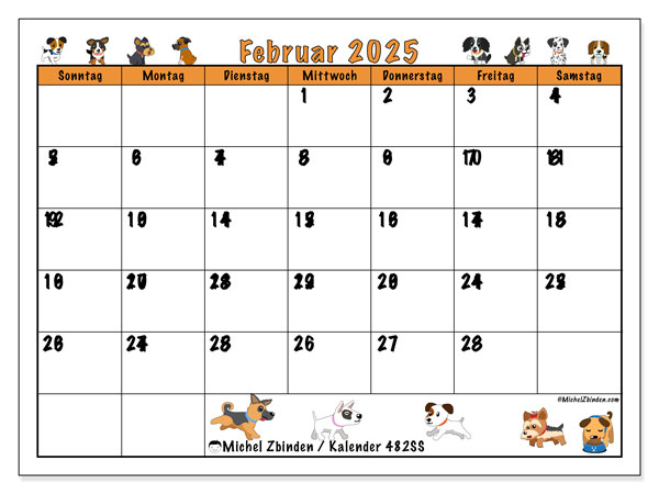 Kalender Februar 2025, 482SS. Plan zum Ausdrucken kostenlos.