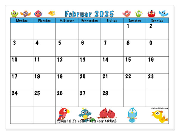 Kalender Februar 2025, 483MS. Plan zum Ausdrucken kostenlos.