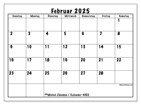Kalender Februar 2025, 48SS. Plan zum Ausdrucken kostenlos.