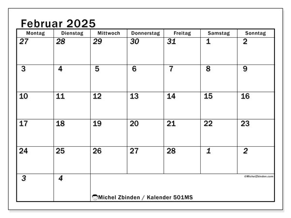 Kalender Februar 2025, 501MS. Plan zum Ausdrucken kostenlos.