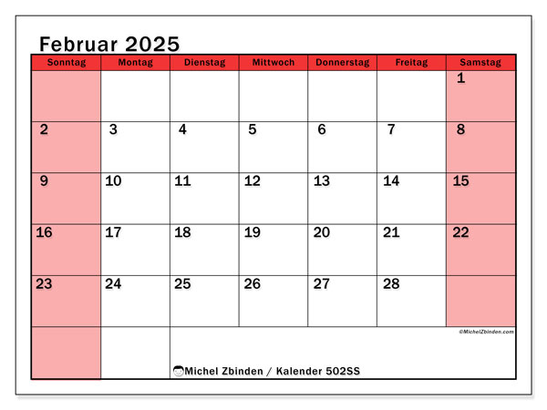 Kalender Februar 2025, 502SS. Plan zum Ausdrucken kostenlos.