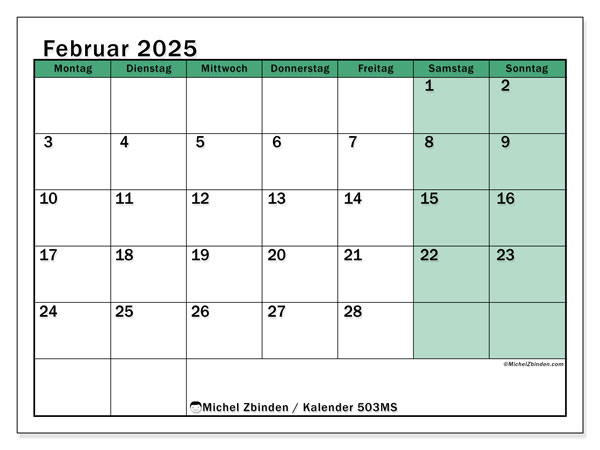 Kalender Februar 2025, 503MS. Plan zum Ausdrucken kostenlos.