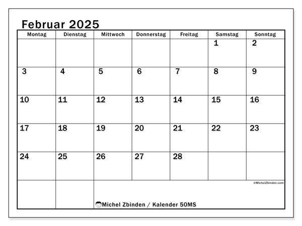 Kalender Februar 2025, 50MS. Plan zum Ausdrucken kostenlos.