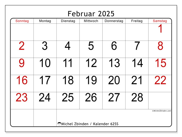 Kalender Februar 2025, 62SS. Plan zum Ausdrucken kostenlos.
