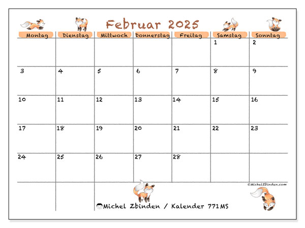 Kalender Februar 2025, 771MS. Plan zum Ausdrucken kostenlos.