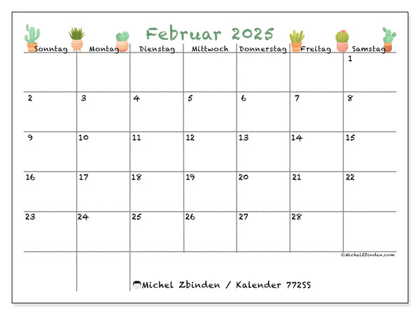 Kalender Februar 2025, 772SS. Plan zum Ausdrucken kostenlos.