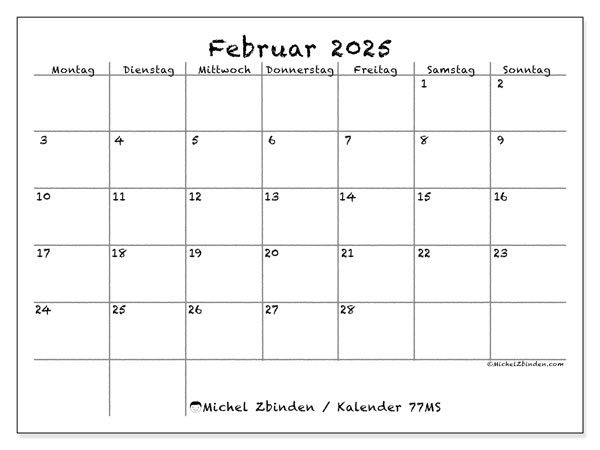 Kalender Februar 2025, 77MS. Plan zum Ausdrucken kostenlos.