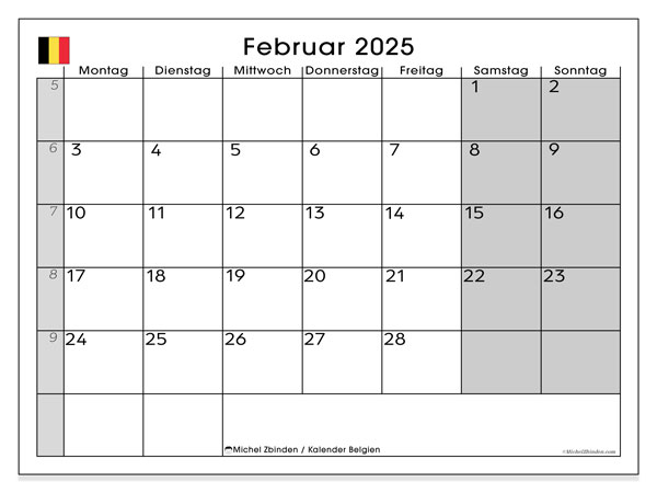 Kalender Februar 2025 “Belgien”. Programm zum Ausdrucken kostenlos.. Montag bis Sonntag