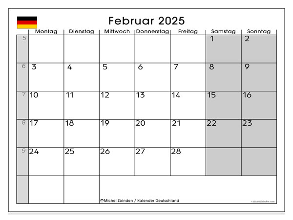 Calendario febbraio 2025, Germania (DE). Programma da stampare gratuito.