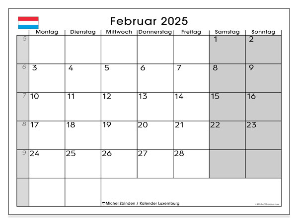 Kalender Februar 2025 “Luxemburg”. Kalender zum Ausdrucken kostenlos.. Montag bis Sonntag