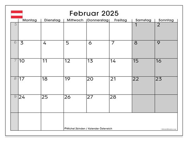 Kalender Februar 2025, Österreich. Kalender zum Ausdrucken kostenlos.