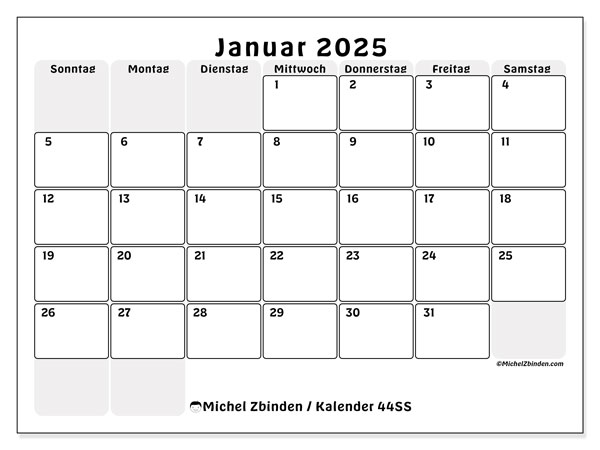 Kalender Januar 2025 “44”. Plan zum Ausdrucken kostenlos.. Sonntag bis Samstag