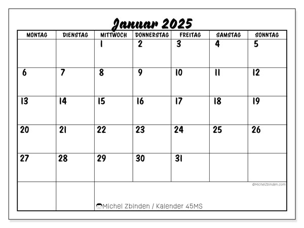 Kalender Januar 2025 “45”. Plan zum Ausdrucken kostenlos.. Montag bis Sonntag