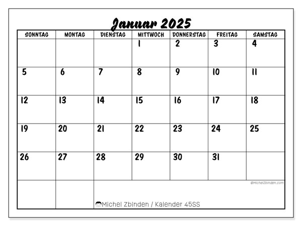 Kalender Januar 2025 “45”. Plan zum Ausdrucken kostenlos.. Sonntag bis Samstag