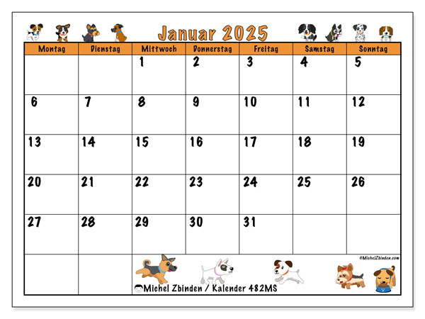 Kalender Januar 2025 “482”. Plan zum Ausdrucken kostenlos.. Montag bis Sonntag