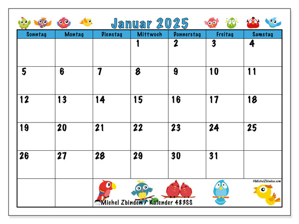Kalender Januar 2025, 483SS. Programm zum Ausdrucken kostenlos.