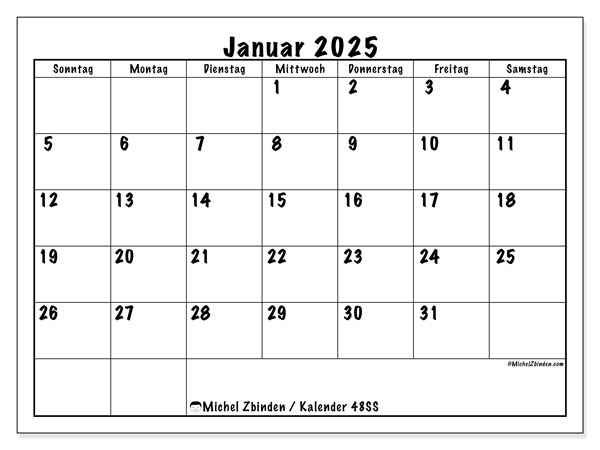 Kalender Januar 2025, 48SS. Programm zum Ausdrucken kostenlos.
