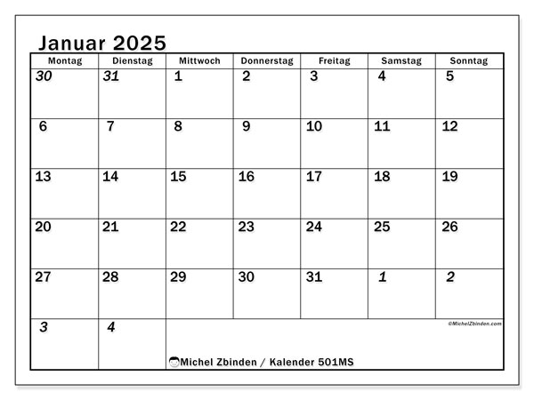Kalender Januar 2025 “501”. Programm zum Ausdrucken kostenlos.. Montag bis Sonntag