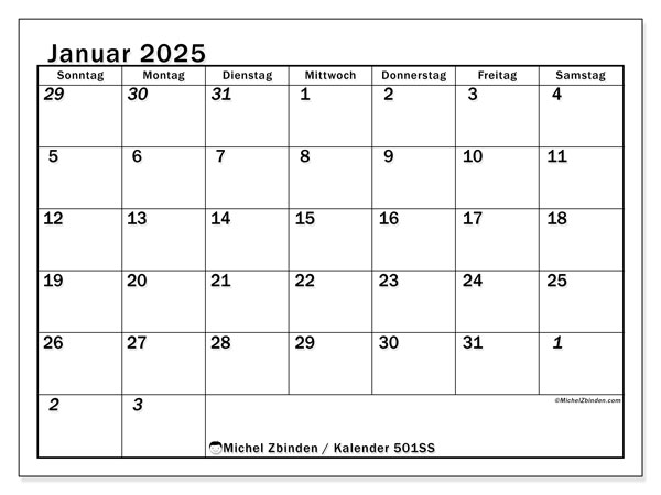 Kalender Januar 2025 “501”. Programm zum Ausdrucken kostenlos.. Sonntag bis Samstag