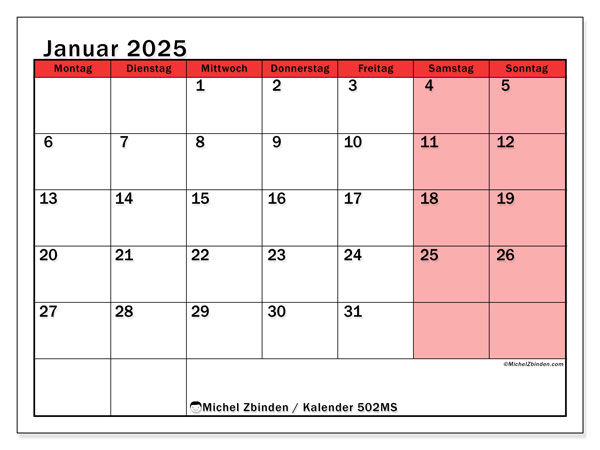Kalender Januar 2025, 502MS. Programm zum Ausdrucken kostenlos.