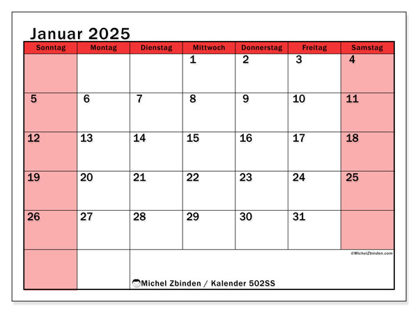 Kalender Januar 2025 “502”. Kalender zum Ausdrucken kostenlos.. Sonntag bis Samstag