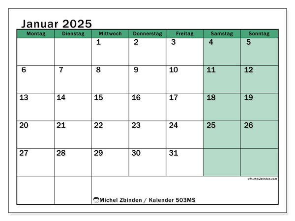 Kalender Januar 2025, 503MS. Programm zum Ausdrucken kostenlos.