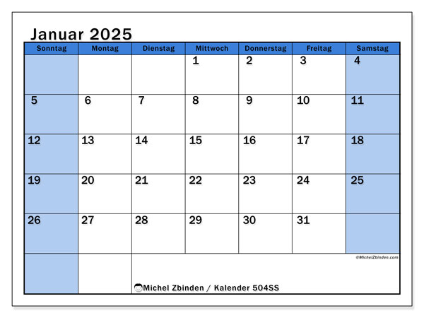Kalender Januar 2025 “504”. Plan zum Ausdrucken kostenlos.. Sonntag bis Samstag