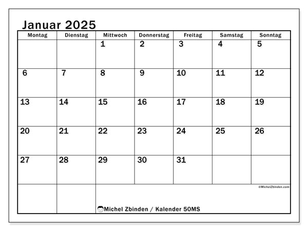 Kalender Januar 2025, 50MS. Programm zum Ausdrucken kostenlos.