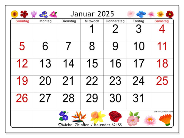 Kalender Januar 2025 “621”. Programm zum Ausdrucken kostenlos.. Sonntag bis Samstag
