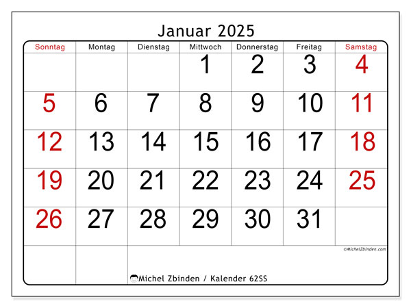 Kalender Januar 2025 “62”. Programm zum Ausdrucken kostenlos.. Sonntag bis Samstag