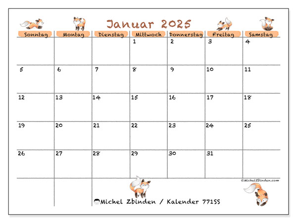 Kalender Januar 2025 “771”. Kalender zum Ausdrucken kostenlos.. Sonntag bis Samstag