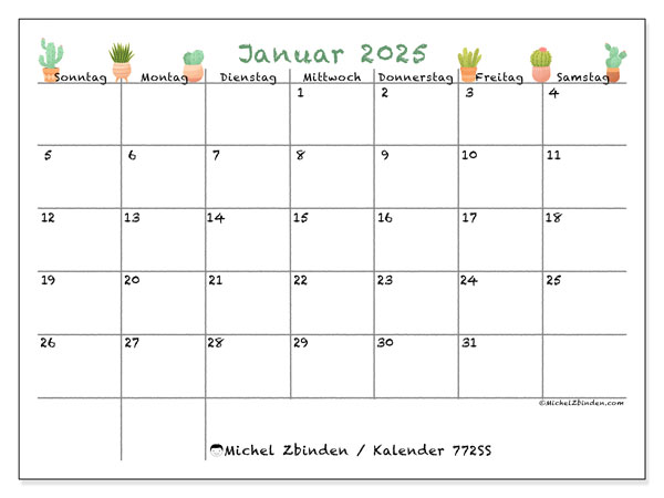 Kalender Januar 2025, 772SS. Programm zum Ausdrucken kostenlos.