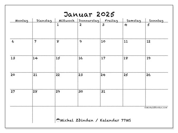 Kalender Januar 2025 “77”. Programm zum Ausdrucken kostenlos.. Montag bis Sonntag