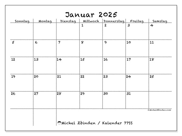 Kalender Januar 2025 “77”. Programm zum Ausdrucken kostenlos.. Sonntag bis Samstag