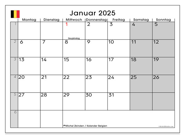 Calendario gennaio 2025, Belgio (DE). Calendario da stampare gratuito.