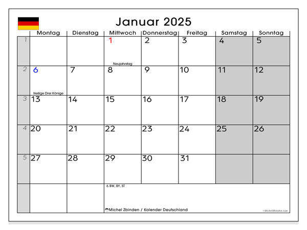Calendario gennaio 2025, Germania (DE). Calendario da stampare gratuito.