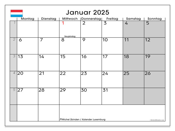 Calendario gennaio 2025, Lussemburgo (DE). Calendario da stampare gratuito.