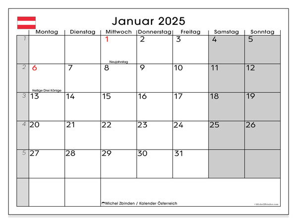 Kalender Januar 2025 “Österreich”. Programm zum Ausdrucken kostenlos.. Montag bis Sonntag