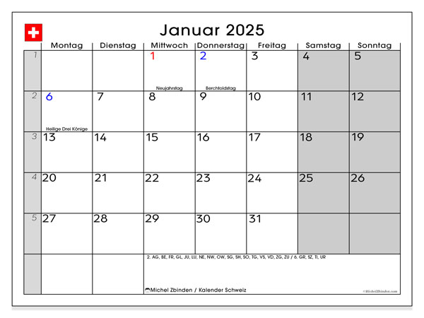 Kalender Januar 2025 “Schweiz”. Programm zum Ausdrucken kostenlos.. Montag bis Sonntag