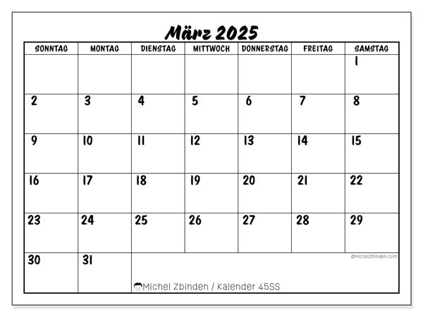 Kalender März 2025, 45SS. Kalender zum Ausdrucken kostenlos.