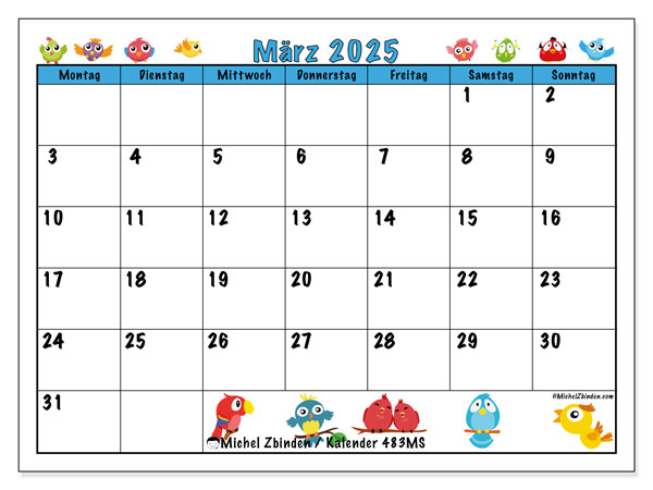 Kalender März 2025, 483MS. Kalender zum Ausdrucken kostenlos.