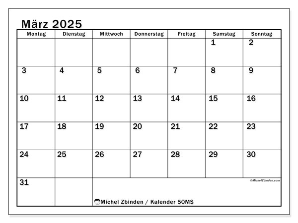 Kalender März 2025, 50MS. Kalender zum Ausdrucken kostenlos.