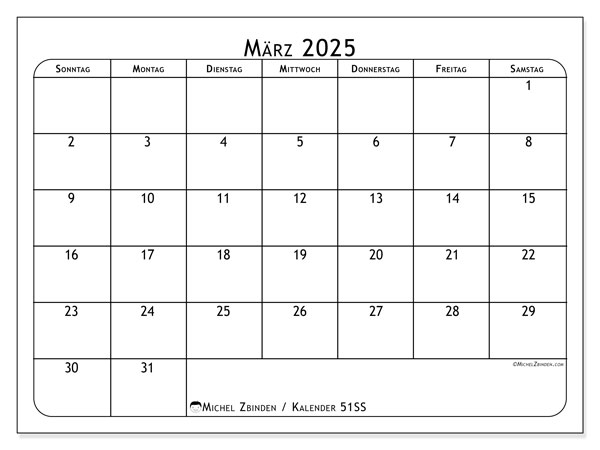 Kalender zum Ausdrucken, März 2025, 51SS