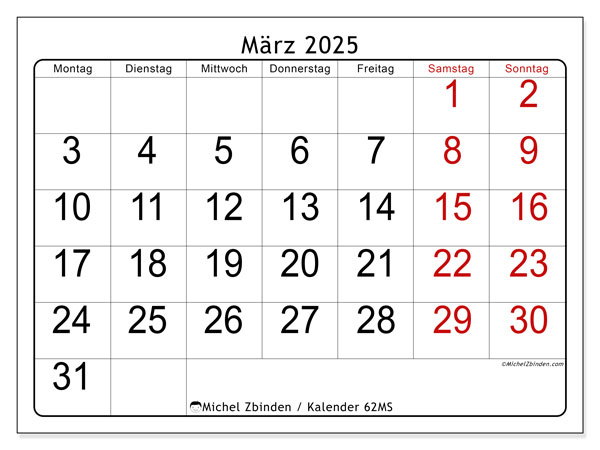 Kalender März 2025, 62MS. Kalender zum Ausdrucken kostenlos.