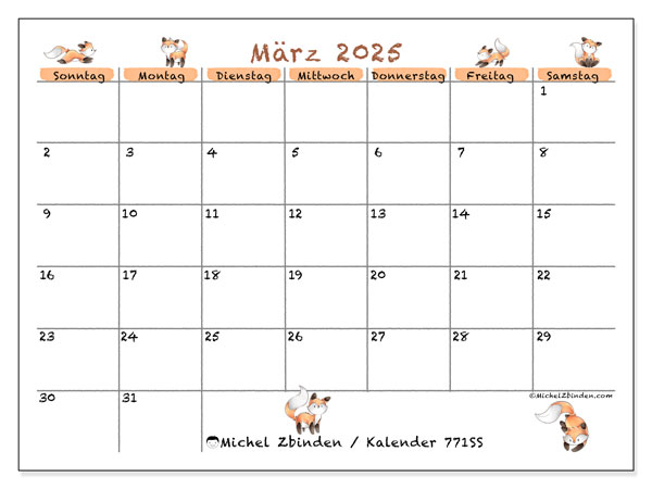 Kalender März 2025, 771SS. Kalender zum Ausdrucken kostenlos.
