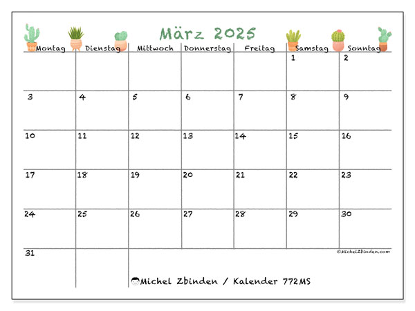 Kalender März 2025, 772MS. Kalender zum Ausdrucken kostenlos.