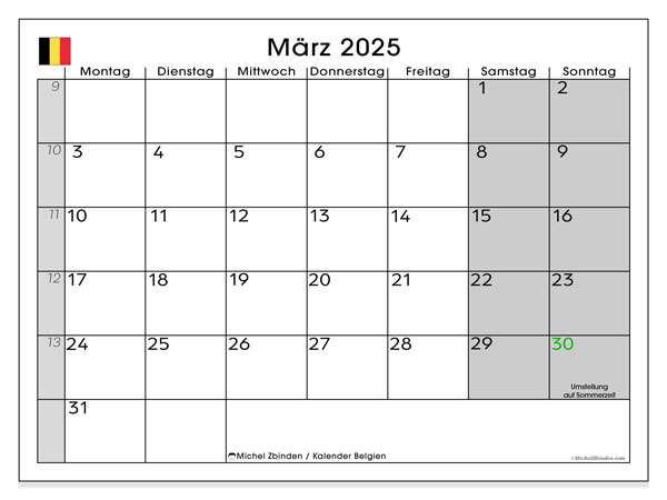 Kalender März 2025, Belgien. Programm zum Ausdrucken kostenlos.