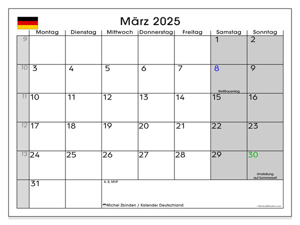 Calendario marzo 2025, Germania (DE). Orario da stampare gratuito.
