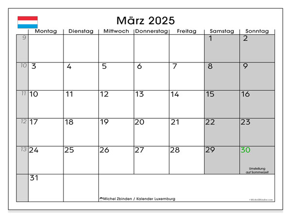 Kalender März 2025 “Luxemburg”. Kalender zum Ausdrucken kostenlos.. Montag bis Sonntag